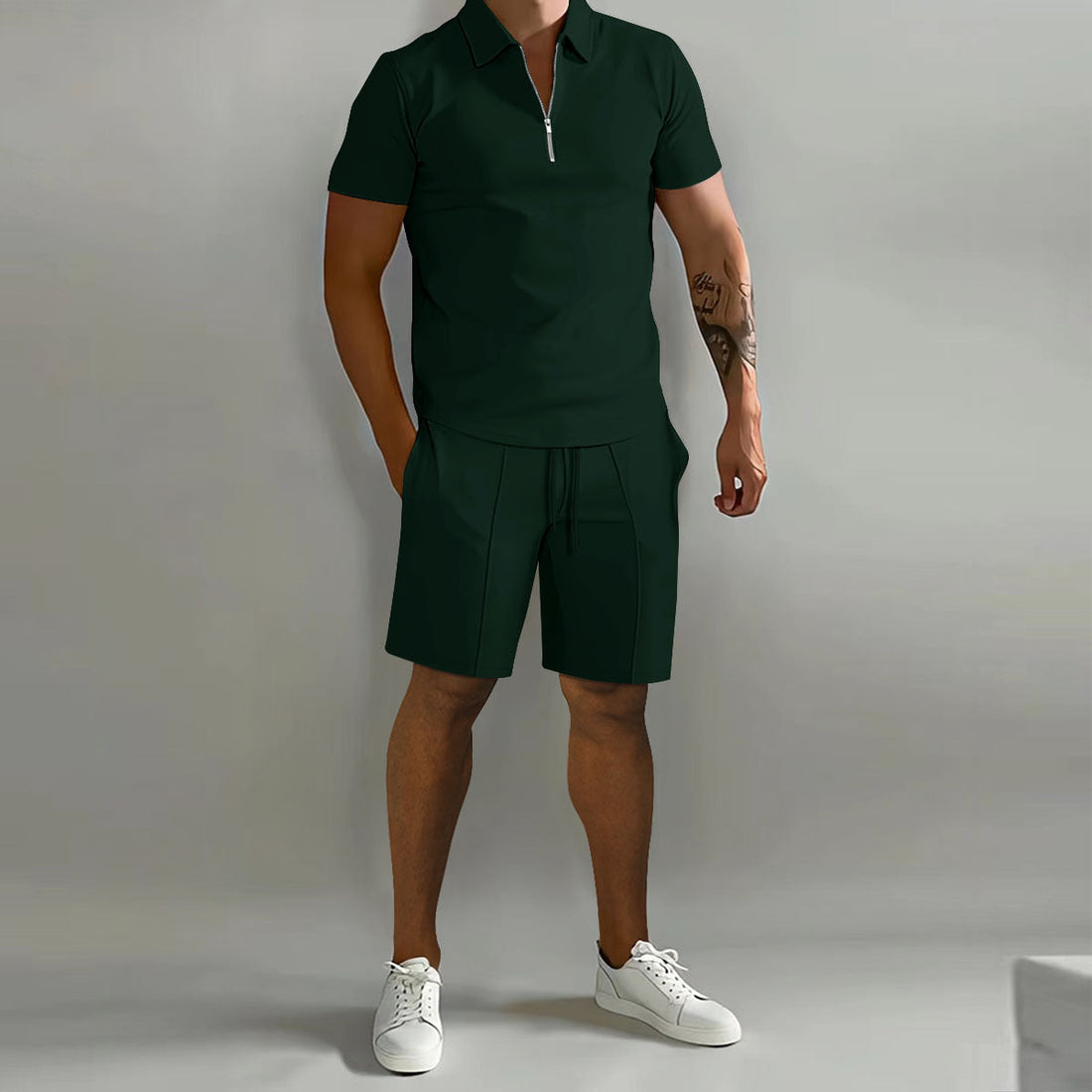 Mens Luxury Casual Short Sleeve Polo Suit with drawstring short pants in a modern retail display.
