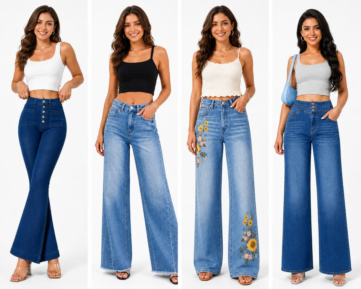 Women wearing high waist skinny jeans and sky blue washed denim pants from Naseer’s Apparel.