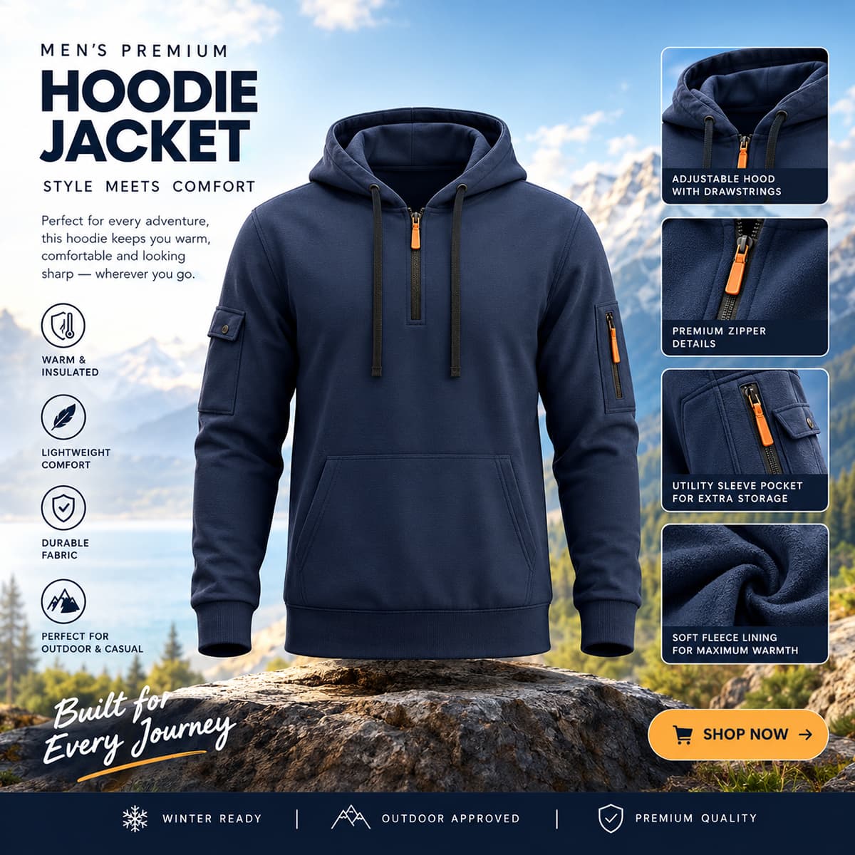 Men wearing a navy blue quarter zip hoodie with tactical arm pocket and orange contrast zipper tab from Naseer’s Apparel.