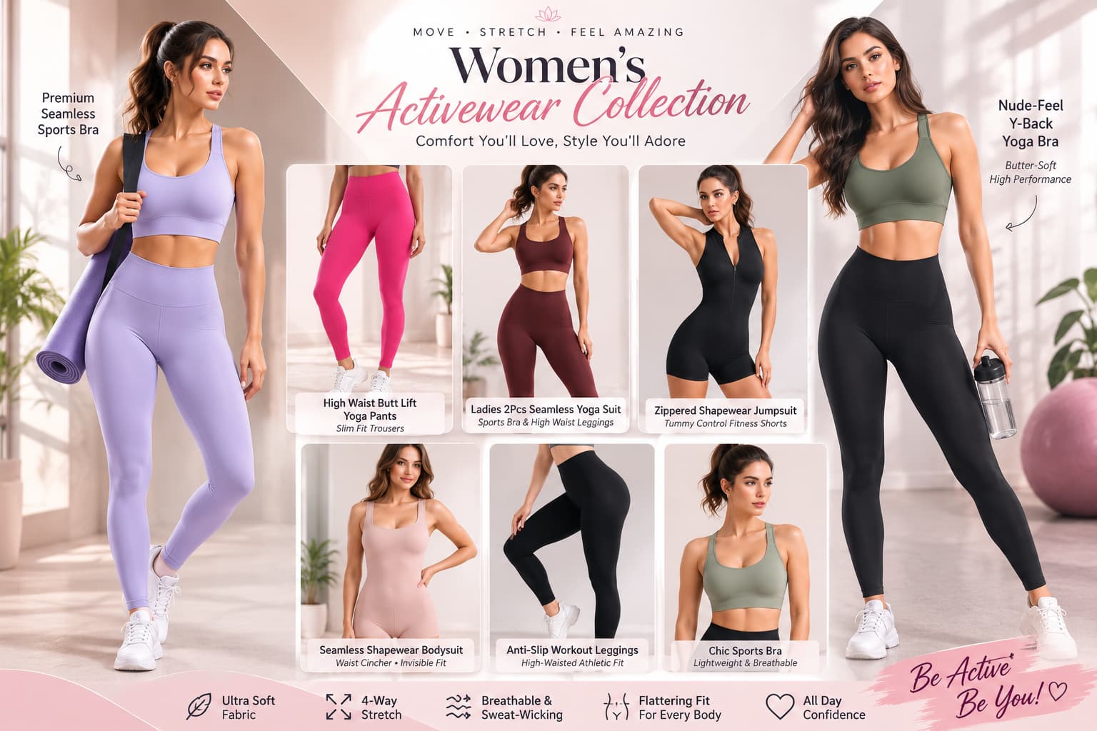 Naseer's Apparel women's activewear collection including high waist butt lift yoga pants, 2pcs seamless yoga suit, zippered yoga shorts jumpsuit, seamless shapewear bodysuit, premium aesthetic sports bra, nude feel y-back bra, and anti-slip gym leggings