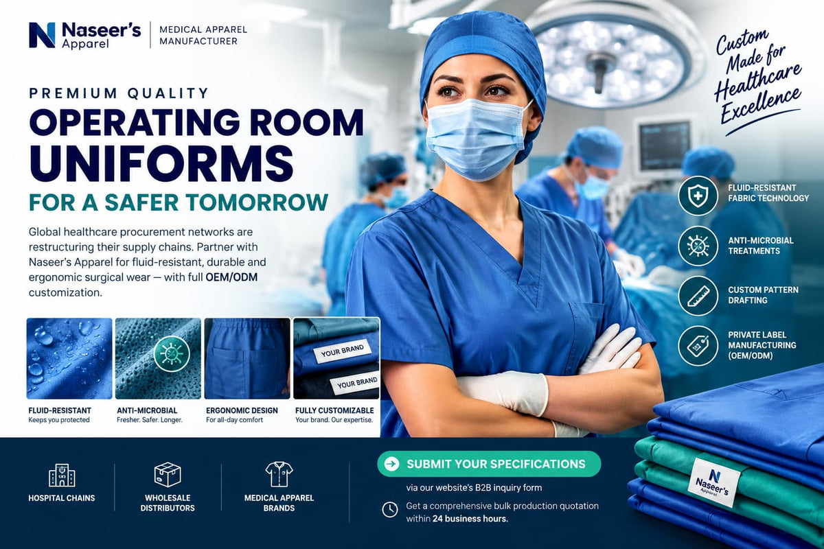 Naseer's Apparel production facility manufacturing custom medical scrubs, female doctor coats, and operating room uniforms in bulk.