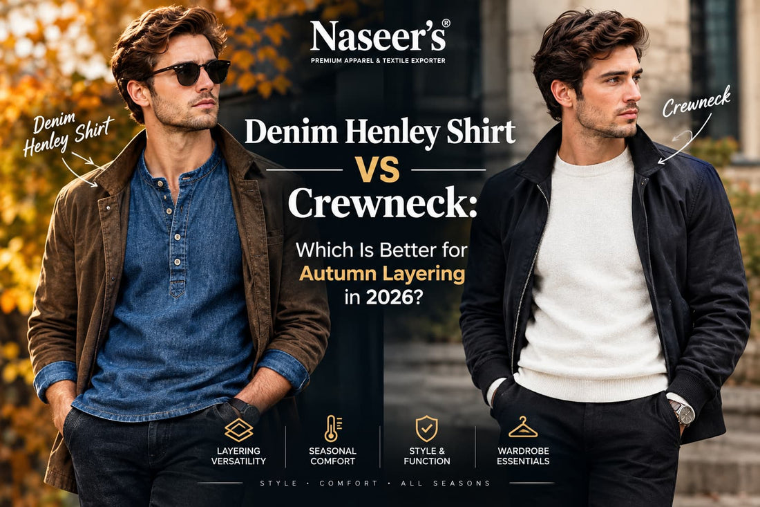 Men's denim henley shirt and heavyweight cotton crewneck sweatshirt layered together by Naseer's Apparel.
