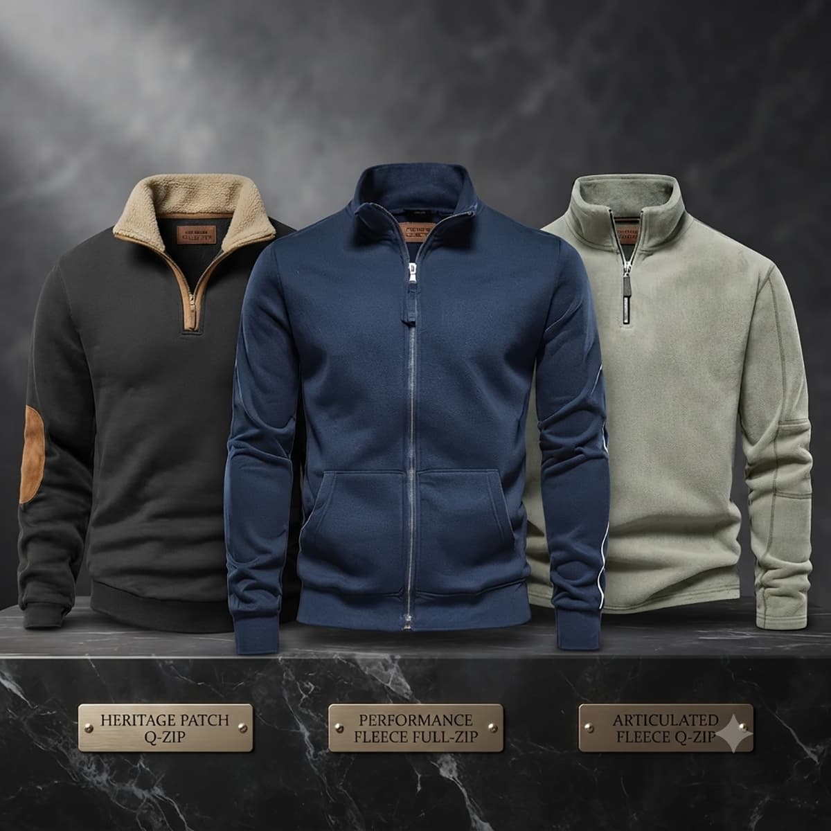 Man wearing an autumn technical micro-fleece quarter zip pullover jacket with chest zipper pocket from Naseer’s Apparel.
