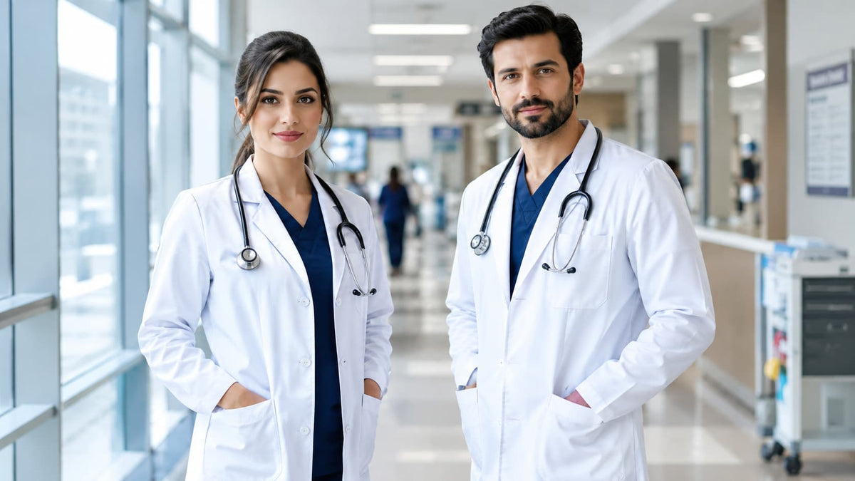 Male physician and female doctor wearing perfectly fitted white lab coats with custom fit measurements in a modern hospital setting