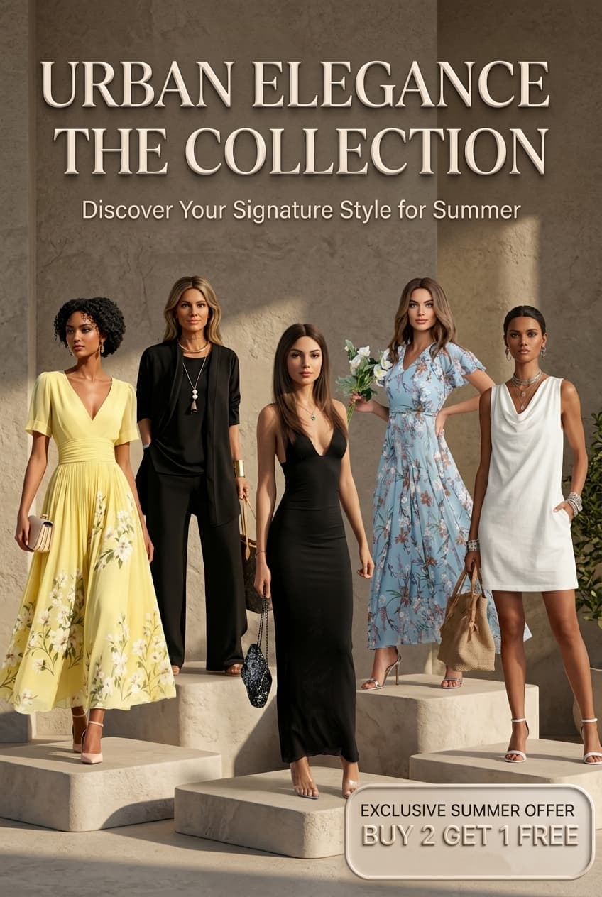 Euro summer dress capsule collection featuring digital print floral v-neck pleated maxi, 3-piece ribbed cardigan set, mesh floral halter dress, ruffle beach mini, and draped cowl neck dress from Naseer's Apparel.