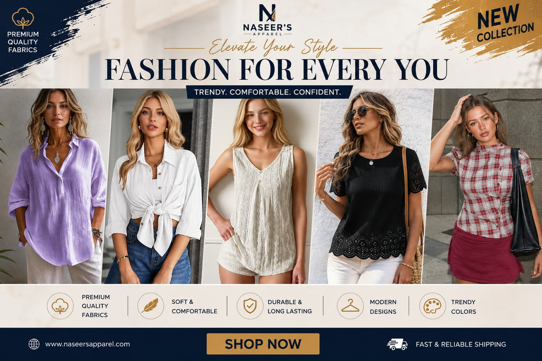 European summer outfit style guide featuring women loose fit lapel top, button down casual dress shirt, eyelet embroidered v-neck tank, burnout floral blouse, and retro plaid top by Naseer's Apparel.