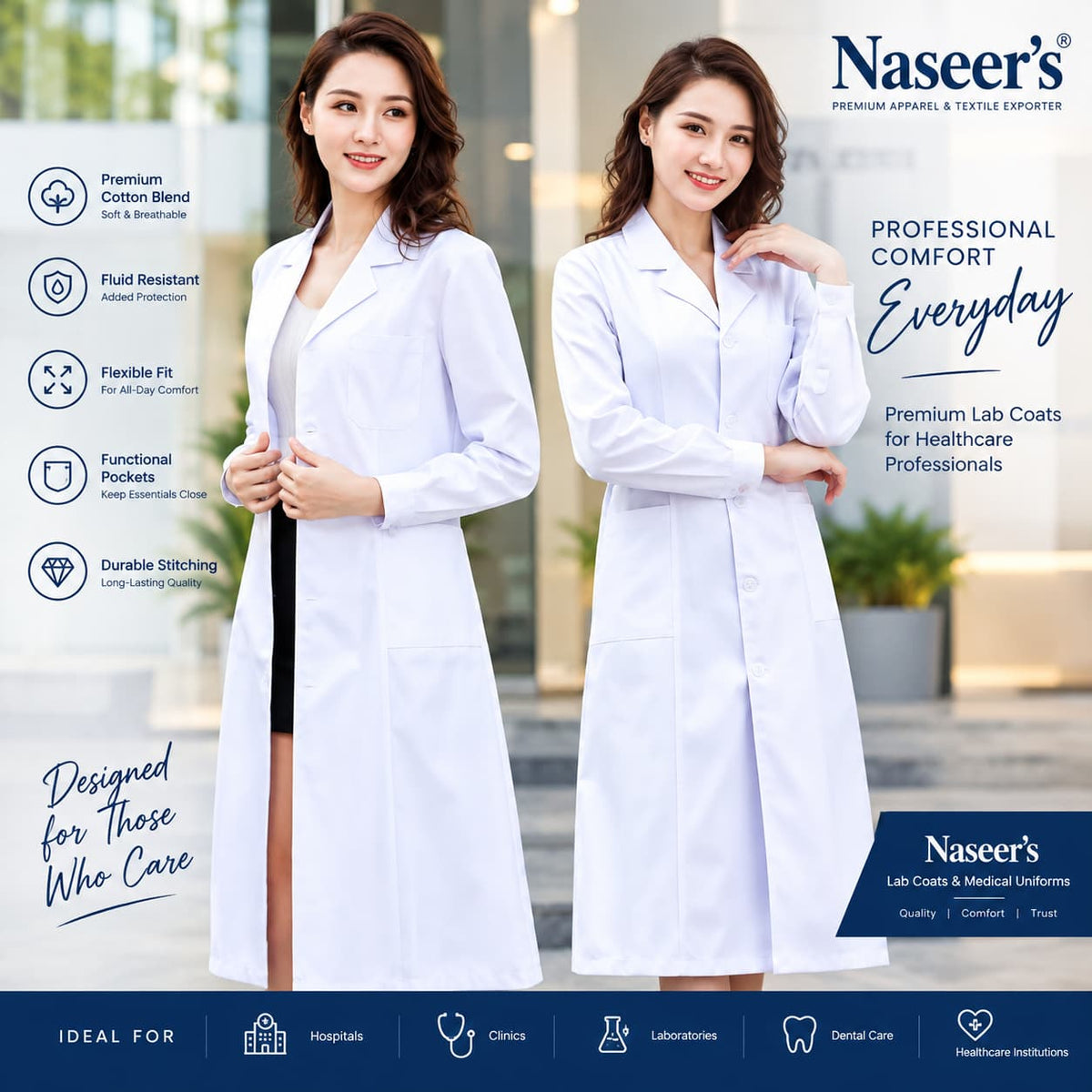 Female doctor wearing a tailored white short cotton lab coat dress from Naseer's Apparel in a clinical setting.