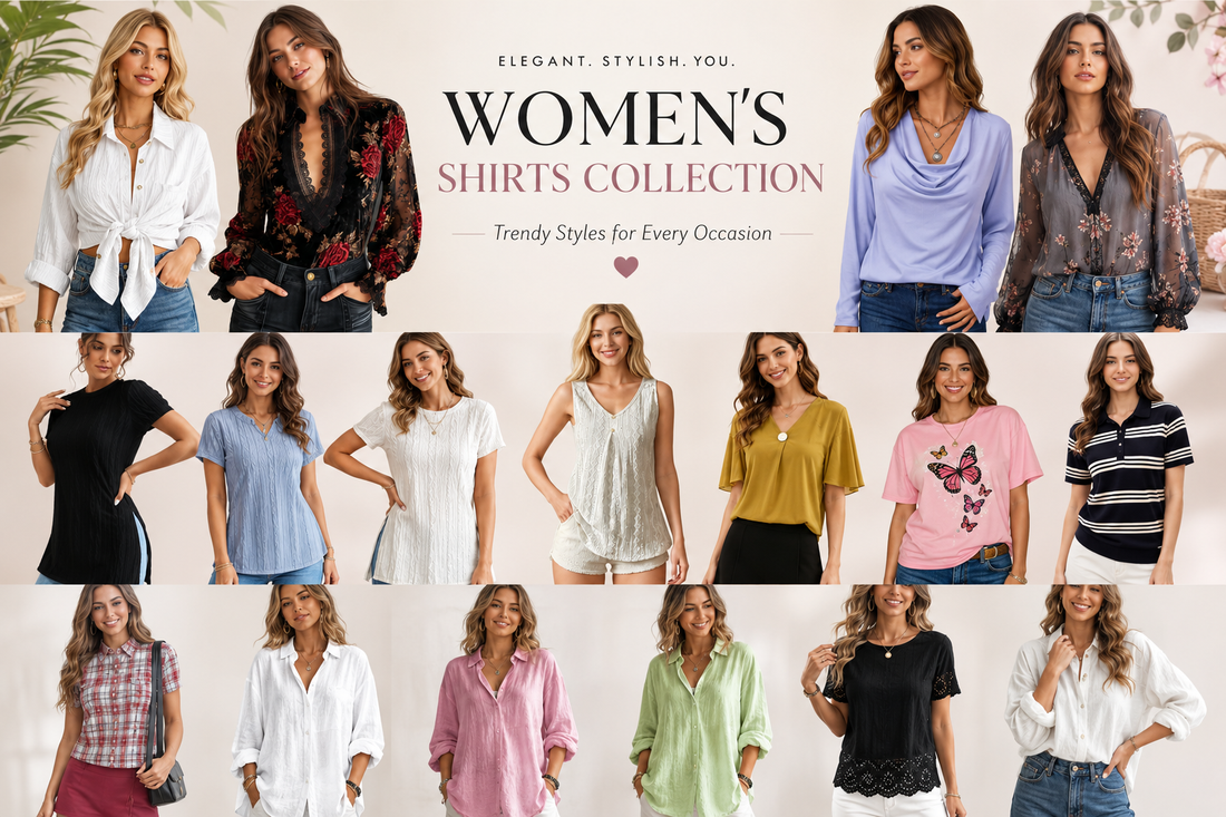 Labeled collection of trending women’s casual cozy fall knits, gold velvet blouses, and vintage embroidered tops from Naseer’s Apparel.