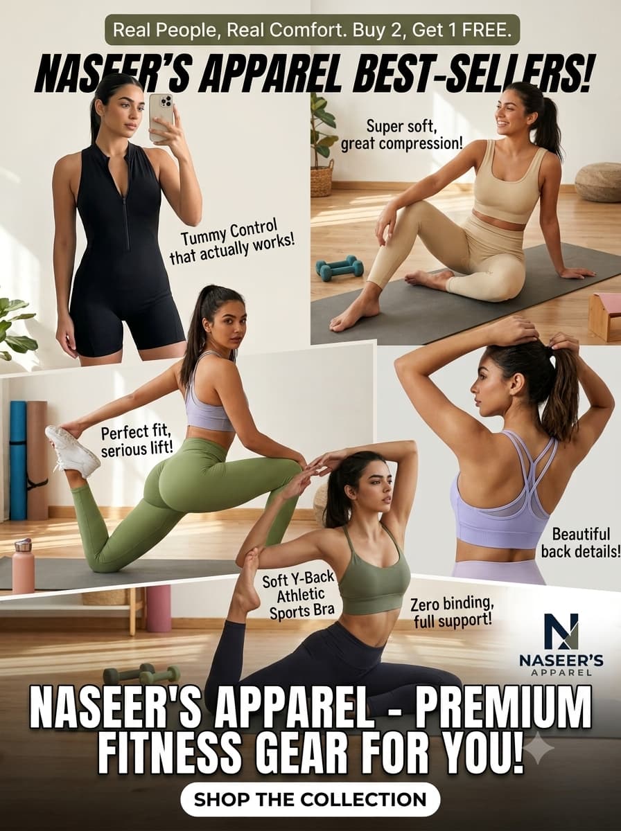 Naseer's Apparel 2026 activewear collection featuring seamless sports bras, yoga pants, and workout jumpsuits.