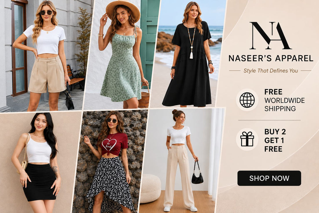 Naseer’s Apparel late-summer travel deals featuring 6 versatile capsule wardrobe pieces for business casual and beachwear outfits.