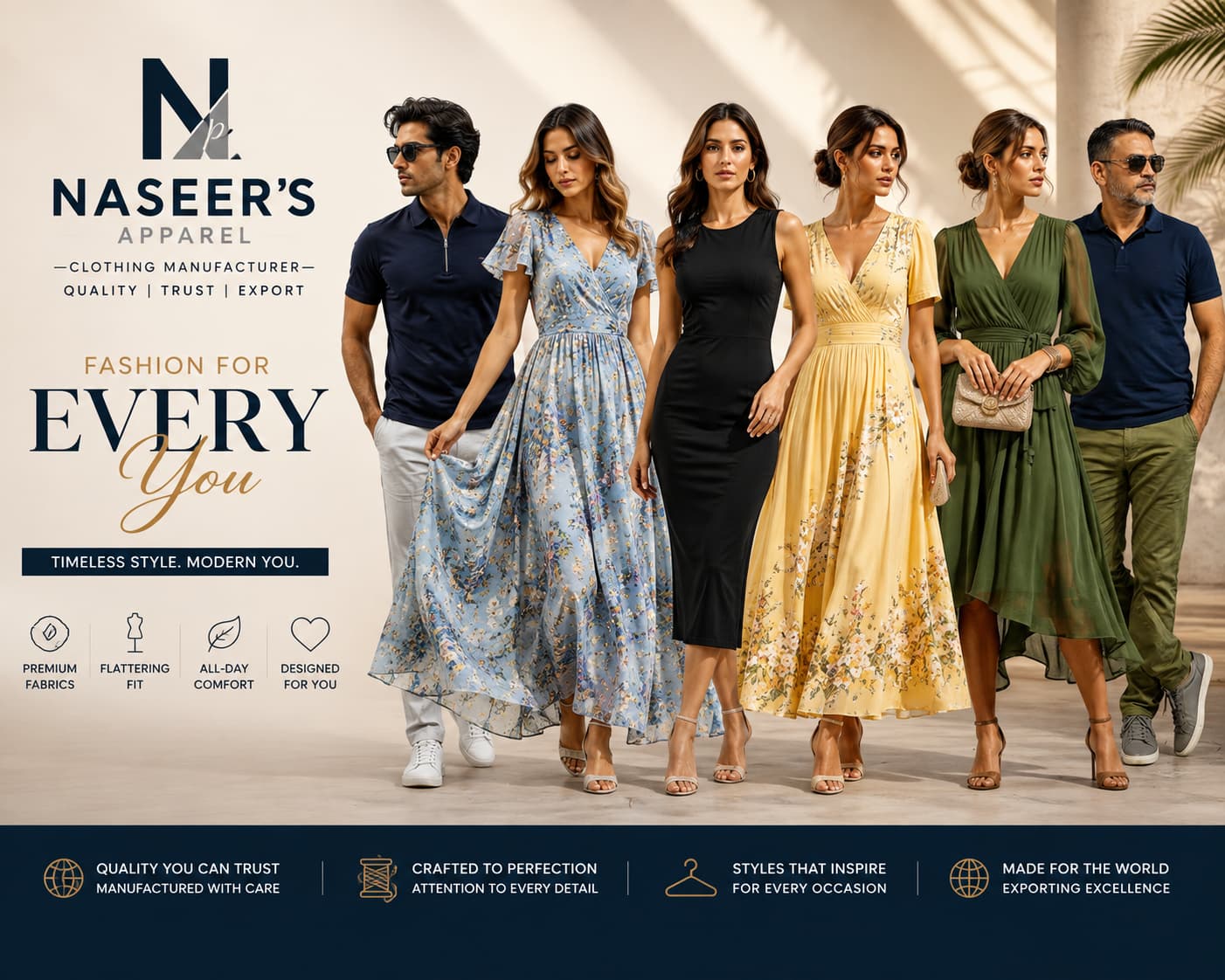 Naseer's Apparel premium activewear, summer dresses, and medical scrubs collection with global free shipping offer.