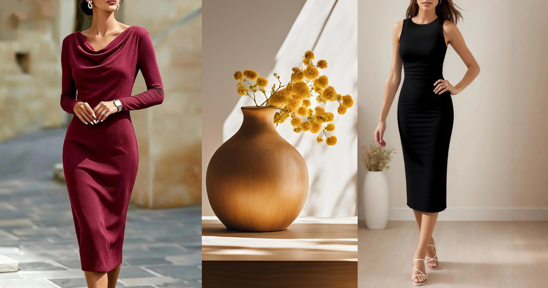 Naseer's Apparel sleek waist cinching sheath dress and boat neck long sleeve midi dress for women
