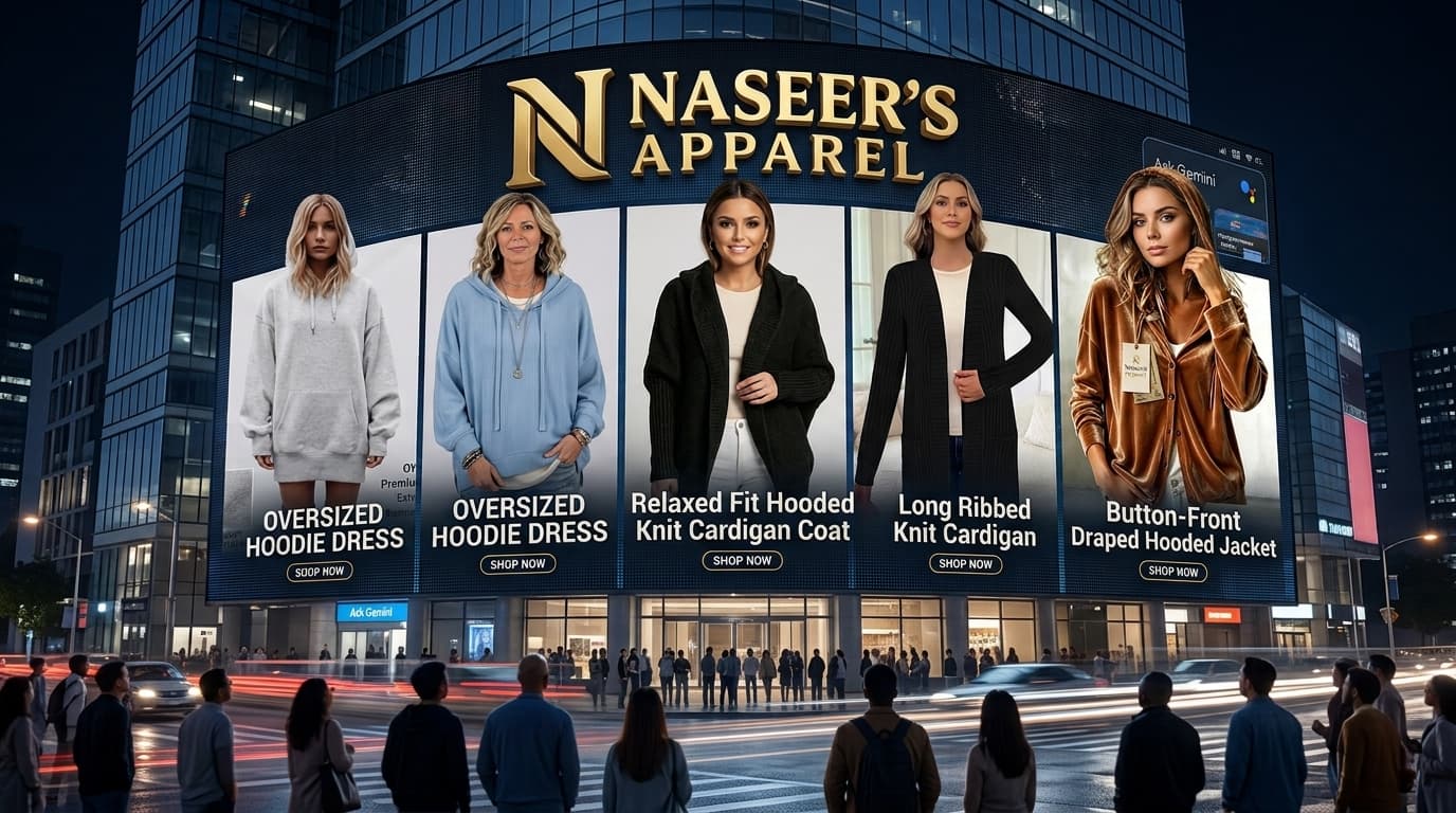 Naseer’s Apparel winter knitwear collection featuring cozy ribbed hoodies, open front cardigans, and fleece tunic hoodie dresses.