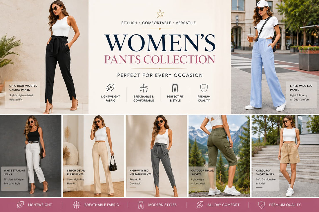 Naseer's Apparel women's bottoms collection including high-waisted paperbag trousers, mid-rise white straight jeans, stitch-detail flare pants, 7-inch travel shorts, and cotton linen wide-leg trousers