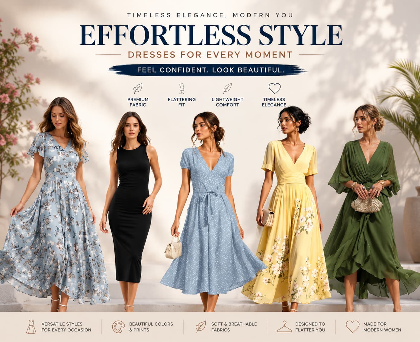Packable wrinkle-free travel dresses including floral ruffle maxi, waist-cinching sheath, and chiffon A-line dresses by Naseer's Apparel.
