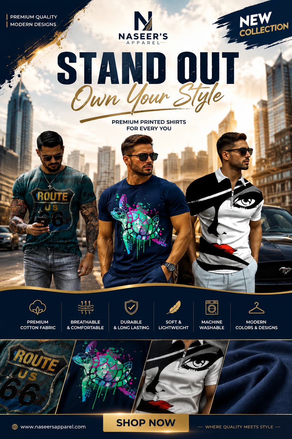 Real review of men's printed graphic tshirts including Route 66 retro print, 3D turtle graphic, and abstract face art short sleeve tee by Naseer's Apparel.