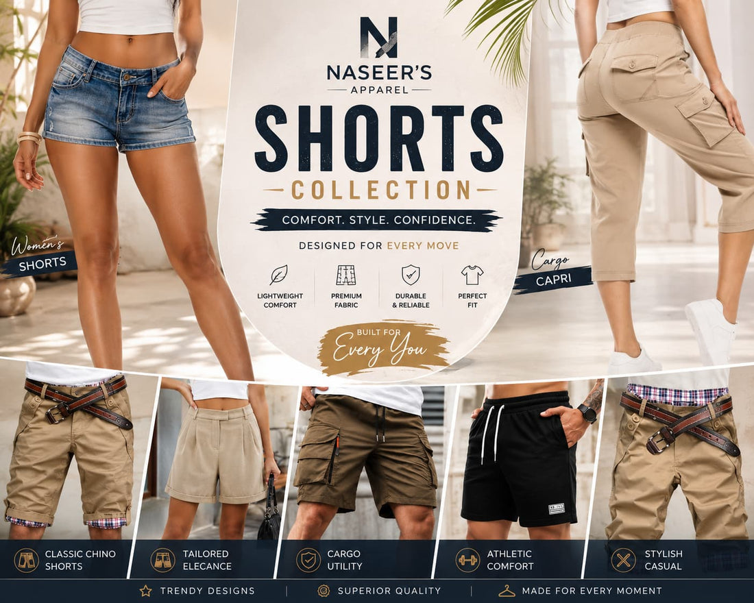 Trending summer shorts for 2026 including high-waisted business casual shorts and cargo travel bottoms by Naseer's Apparel.