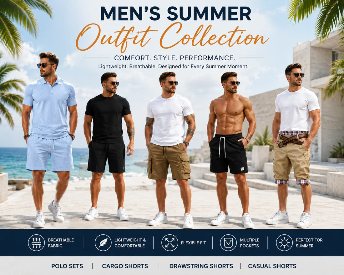 Trending summer shorts styles including mesh set, luxury polo suit, casual cotton, cargo, and textured corduroy shorts.
