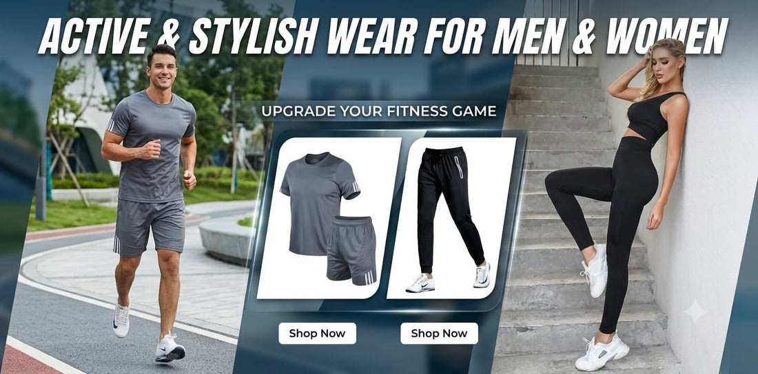 Viral activewear collection featuring women seamless yoga wear set, men short sleeve gym shorts set, and zip pocket jogging suit track pants by Naseer's Apparel.