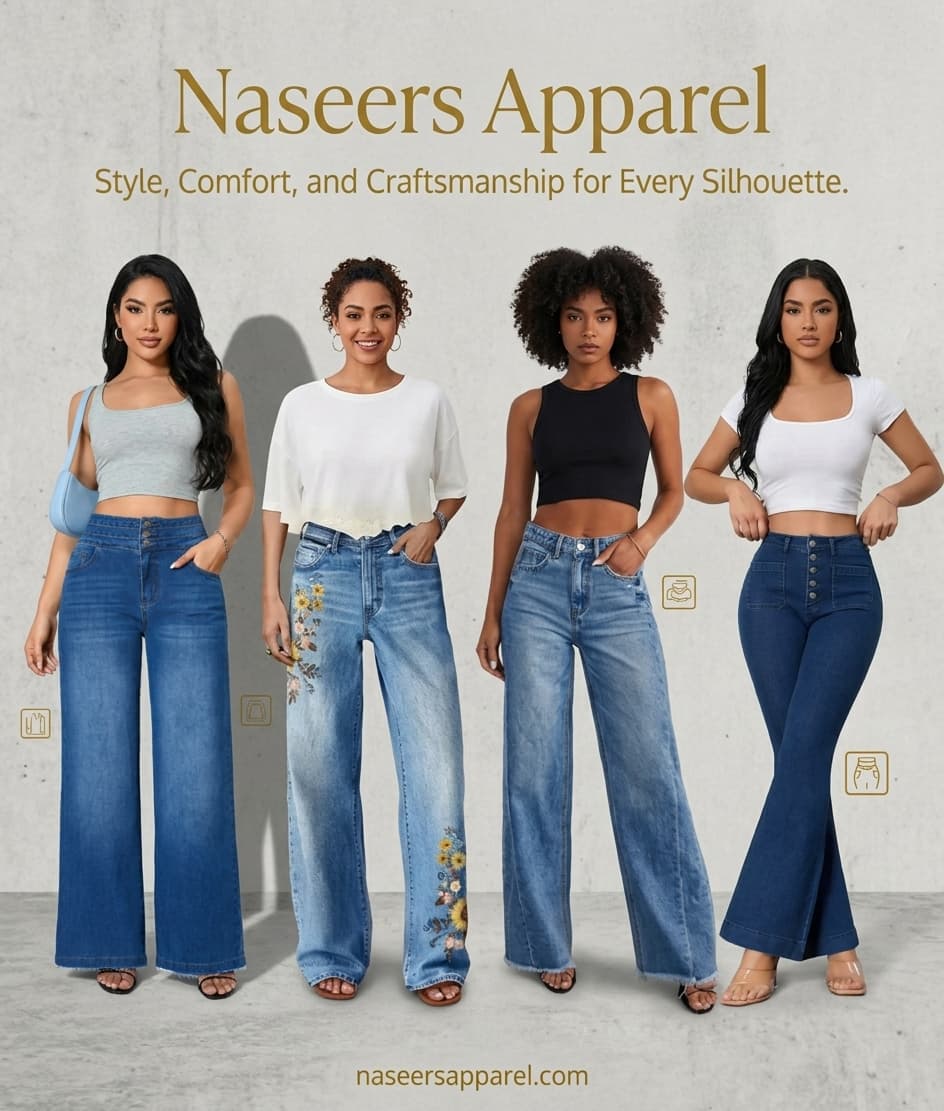 Gen Z wearing high-waisted wide-leg denim jeans and raw hem flare pants from Naseer's Apparel.
