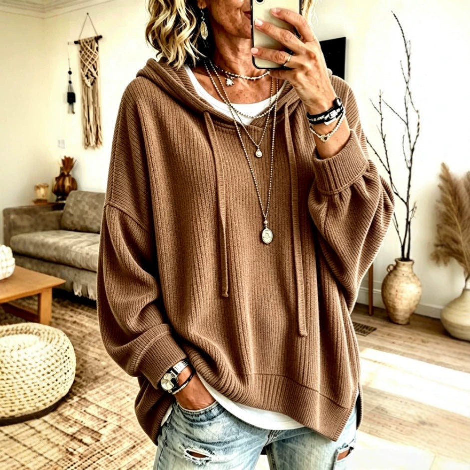 trending-2026-cozy-ribbed-knit-drawstring-hoodie-slit-hem-sweatshirt