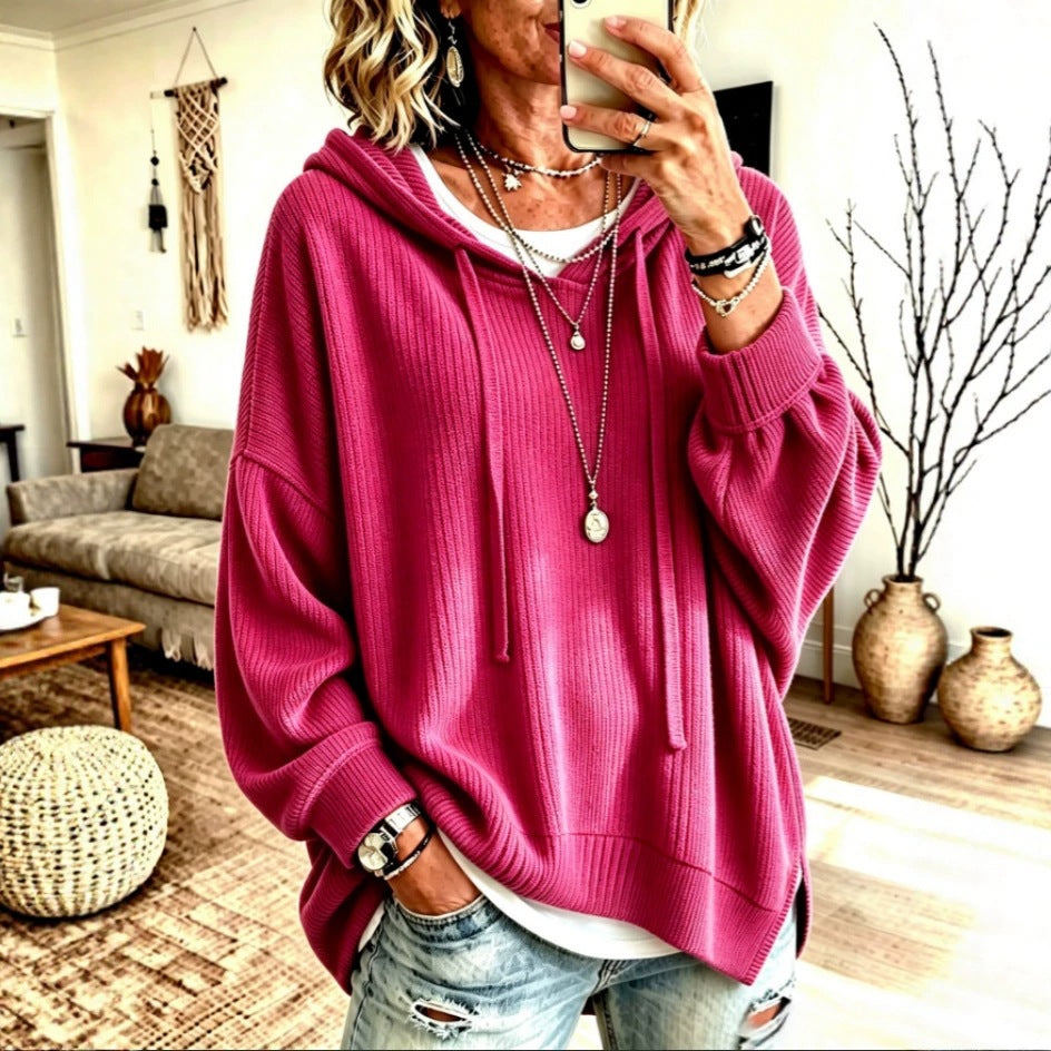 trending-2026-cozy-ribbed-knit-drawstring-hoodie-slit-hem-sweatshirt