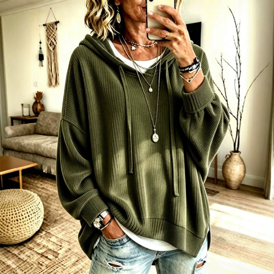 trending-2026-cozy-ribbed-knit-drawstring-hoodie-slit-hem-sweatshirt