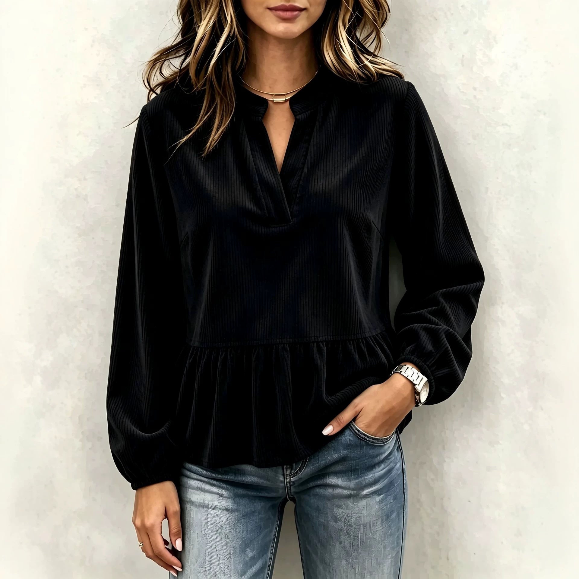 trending-2026-ruffled-corduroy-long-sleeve-blouse-ribbed-pullover