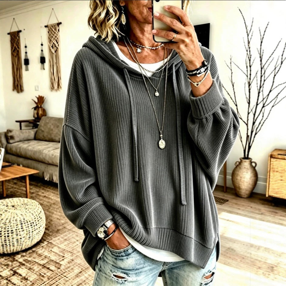 trending-2026-cozy-ribbed-knit-drawstring-hoodie-slit-hem-sweatshirt