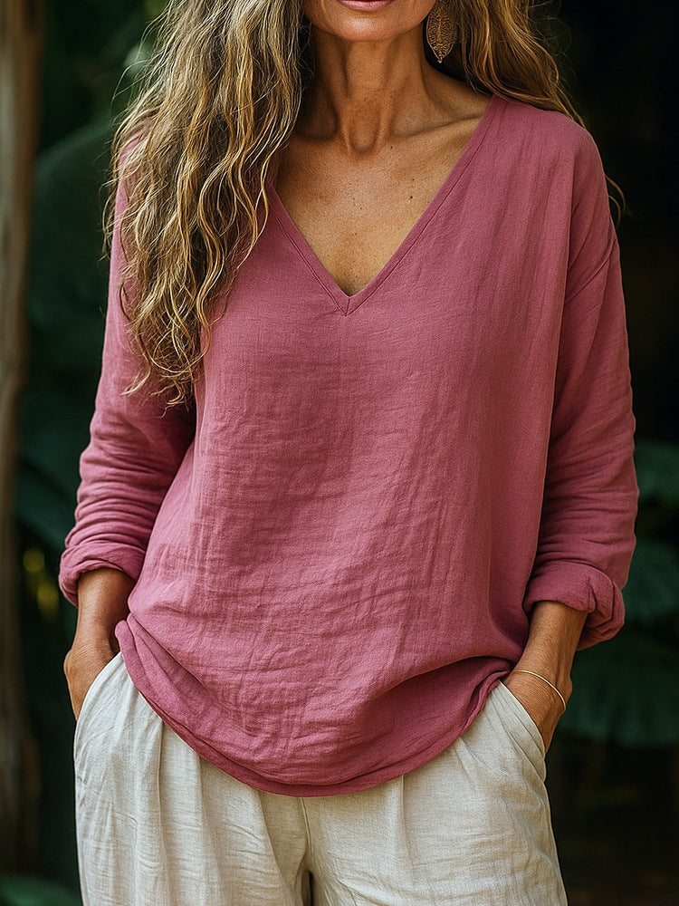 trending-2026-casual-cotton-linen-v-neck-pullover-tunic-top