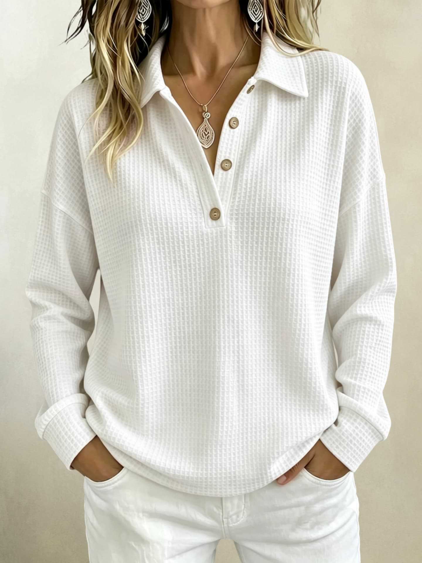 trending-2026-casual-waffle-knit-long-sleeve-top-button-collar