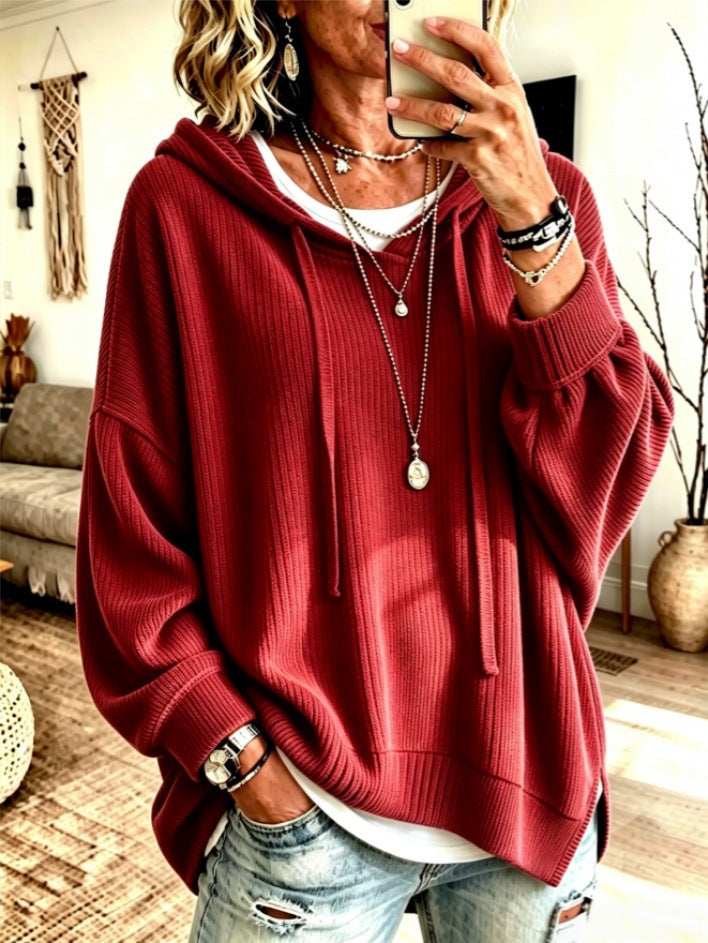 trending-2026-cozy-ribbed-knit-drawstring-hoodie-slit-hem-sweatshirt