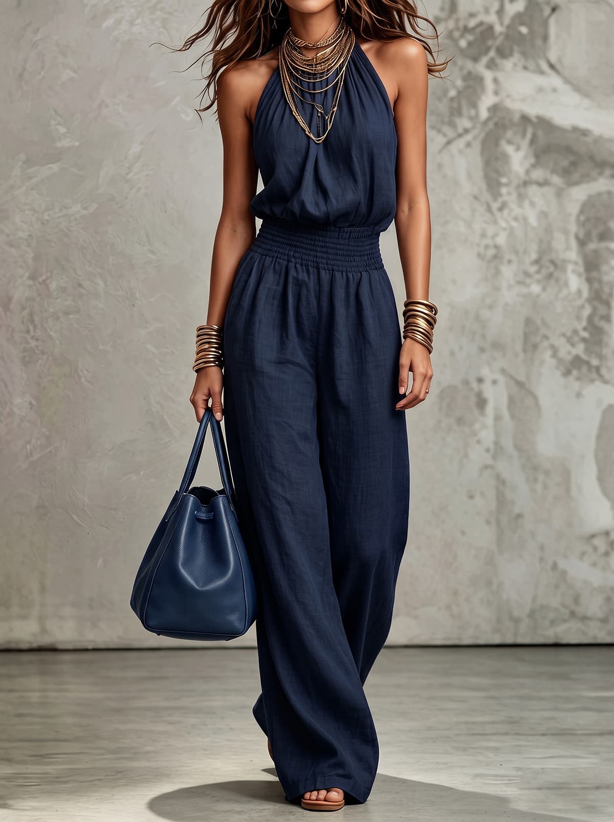 Backless Lace-Up Halter Wide-Leg Jumpsuit Sleeveless Full-Length Onesie Trousers
