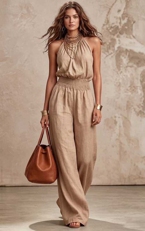 Backless Lace-Up Halter Wide-Leg Jumpsuit Sleeveless Full-Length Onesie Trousers