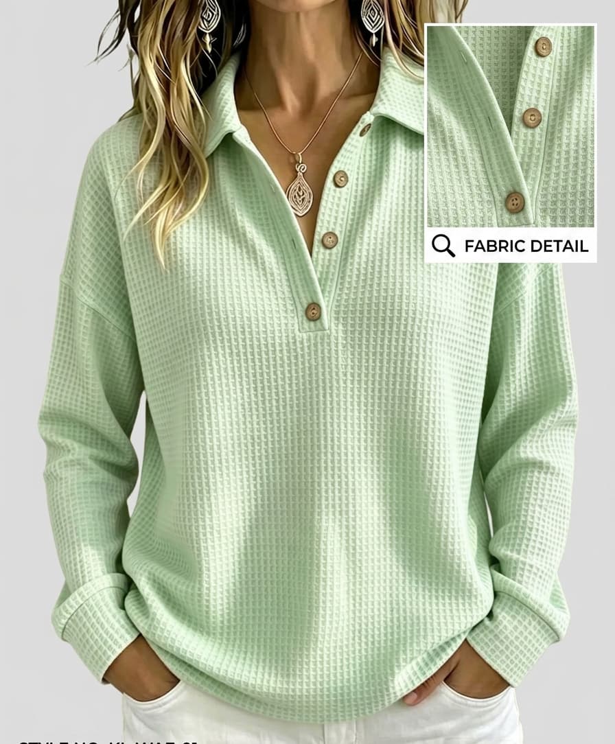 trending-2026-casual-waffle-knit-long-sleeve-top-button-collar