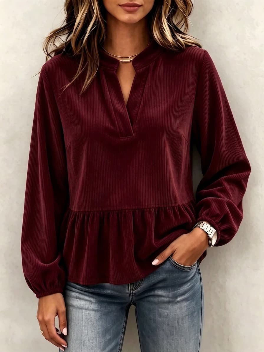 trending-2026-ruffled-corduroy-long-sleeve-blouse-ribbed-pullover