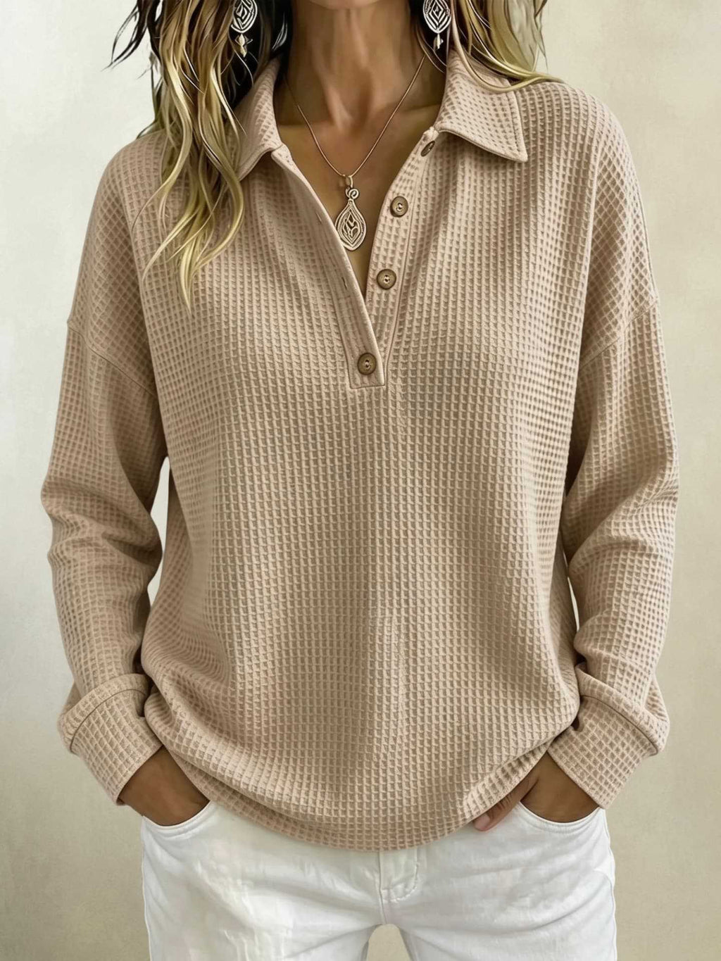 trending-2026-casual-waffle-knit-long-sleeve-top-button-collar