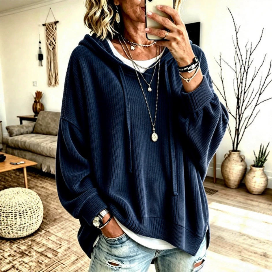 trending-2026-cozy-ribbed-knit-drawstring-hoodie-slit-hem-sweatshirt
