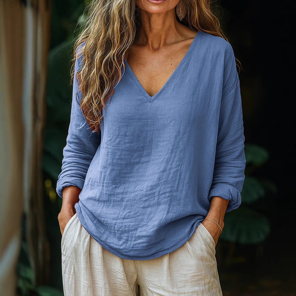 trending-2026-casual-cotton-linen-v-neck-pullover-tunic-top