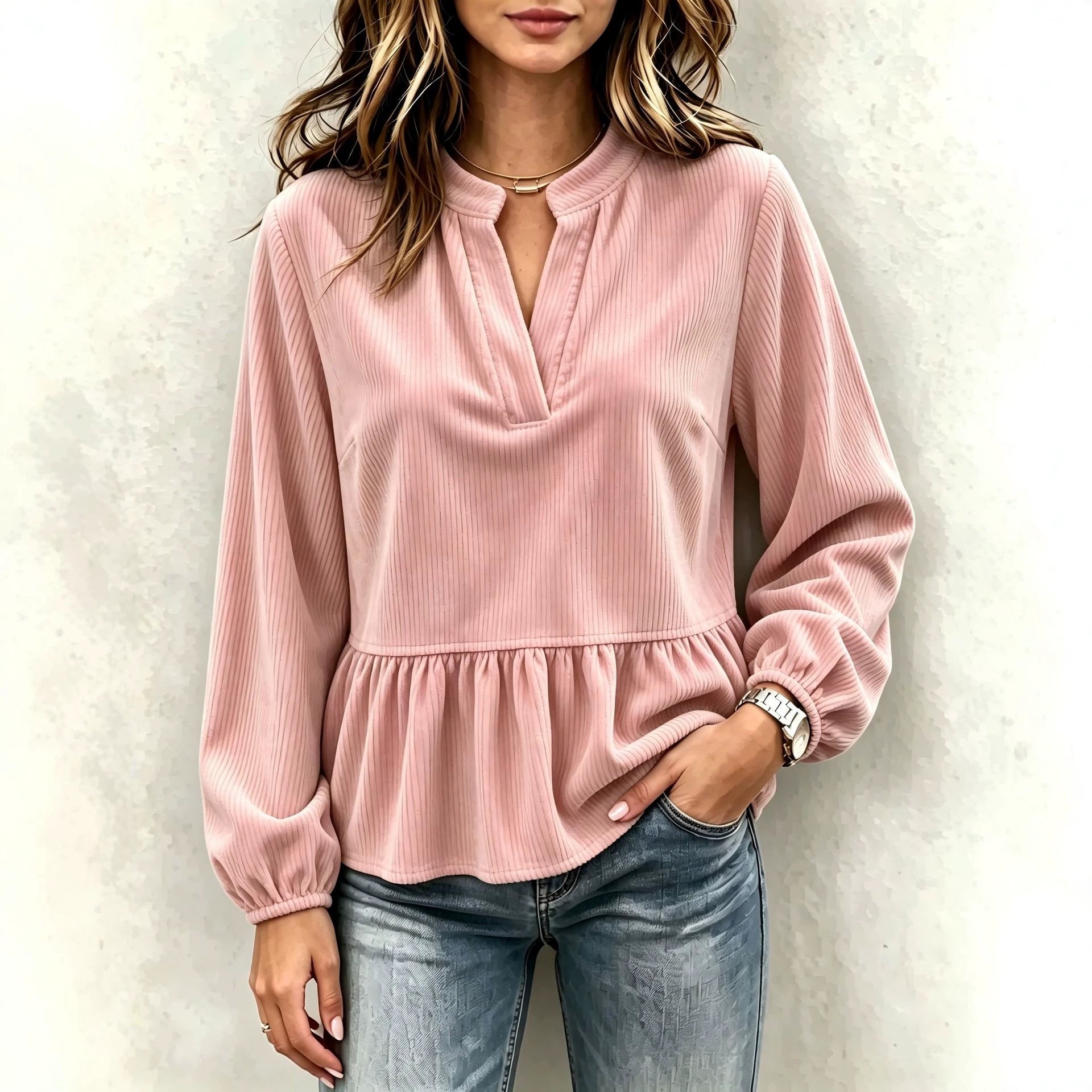trending-2026-ruffled-corduroy-long-sleeve-blouse-ribbed-pullover